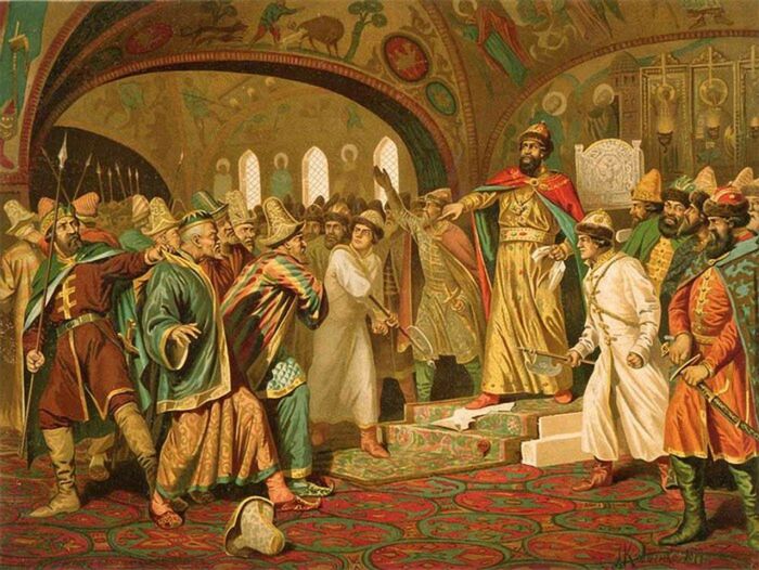 Иван III разрывает ханскую грамоту и басту перед татарскими послами, картина художника Алексея Кившенко, 1880 год