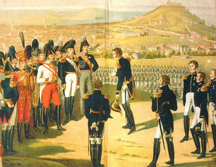 Александр I принимает капитуляцию наполеоновского Парижа. 1814 г. Литография