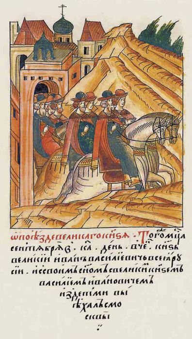Князь с сыном Василием и младшими сыновьями отправляется к Троице в Сергиев Посад.jpg